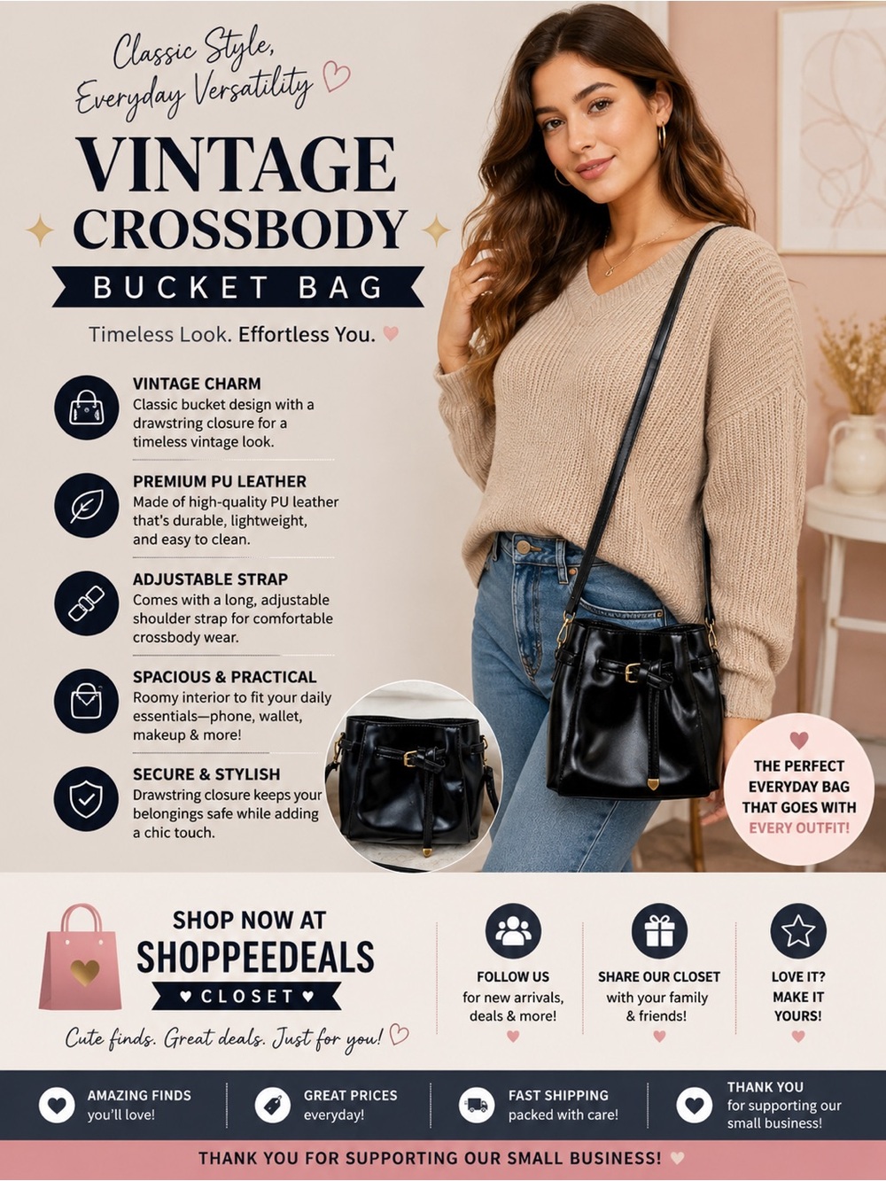 Fashion Vintage Solid Color PU Leather Drawstring Crossbody Bucket Bag